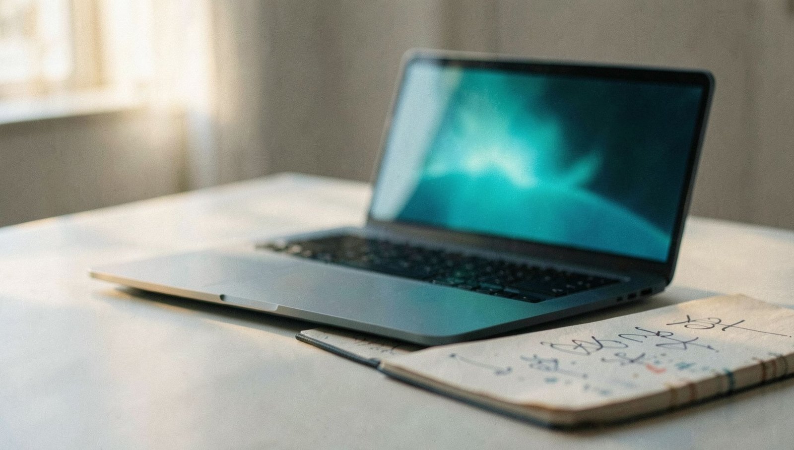 A laptop with a glowing screen beside a handwritten notebook