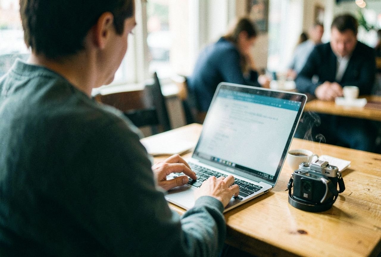 A blogger typing on a laptop at a sunny cafe table