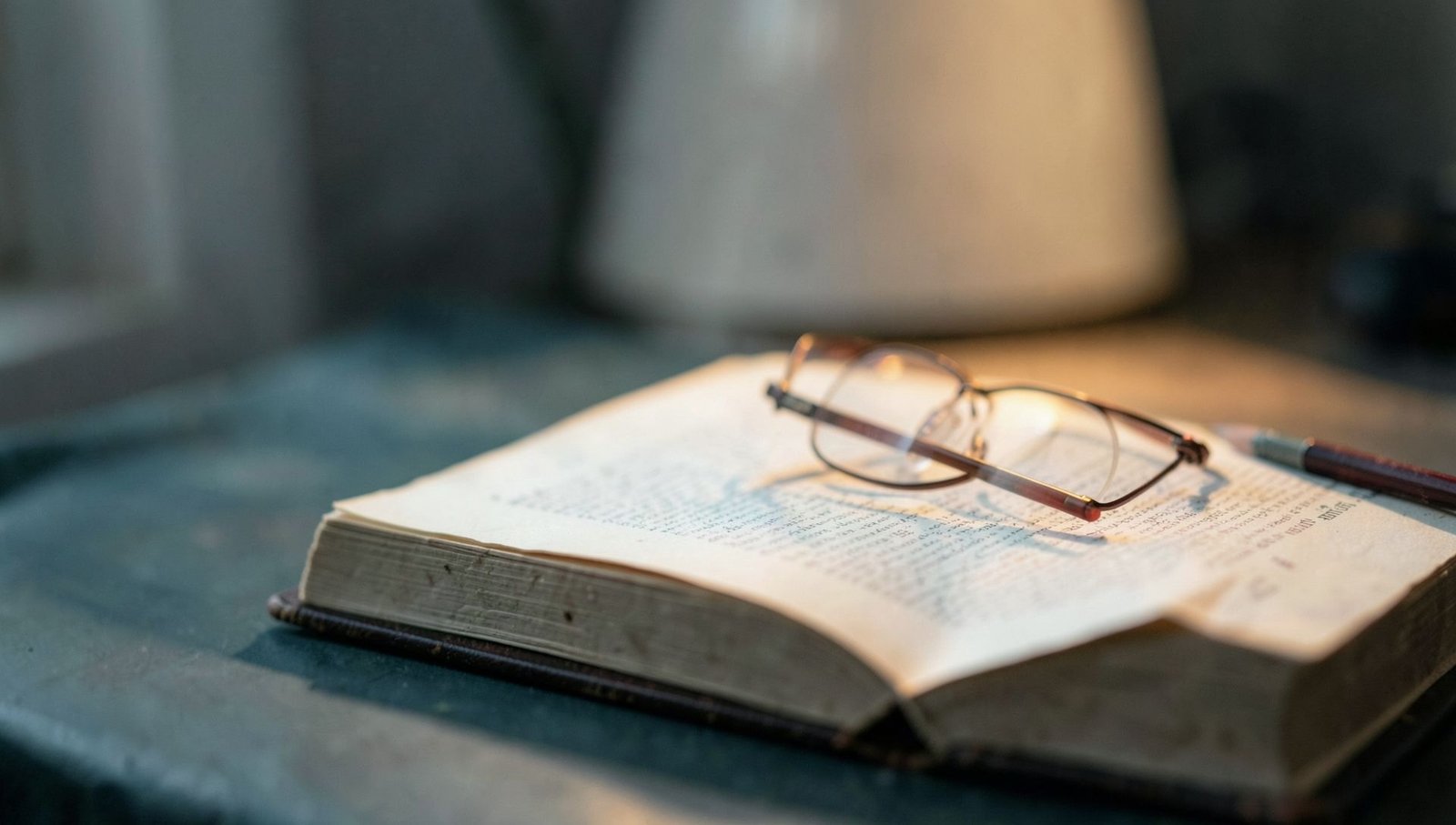 An open reference book with reading glasses and a pencil