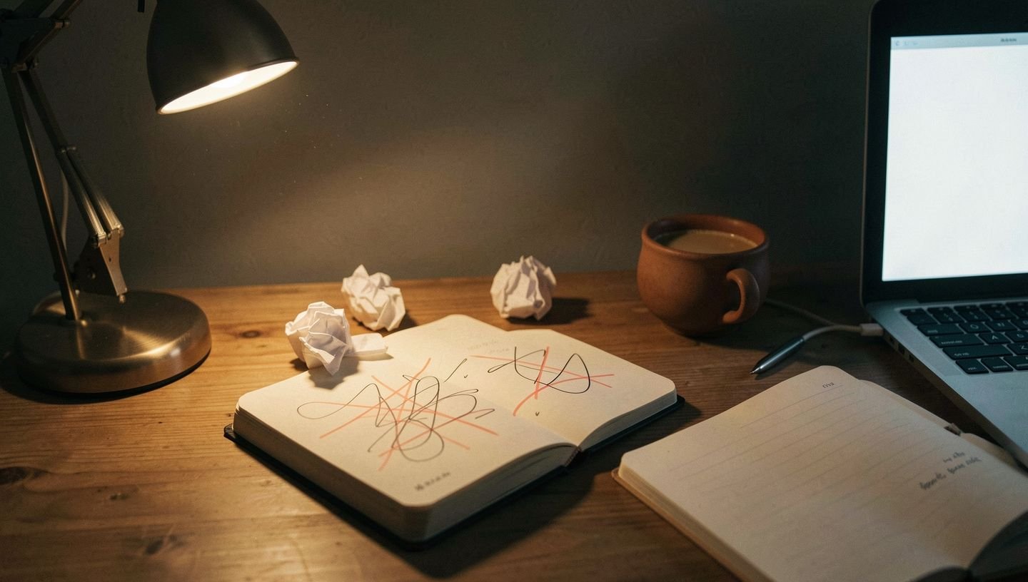 A writing desk at night with a messy draft notebook, crumpled paper and a cup of chai under a desk lamp