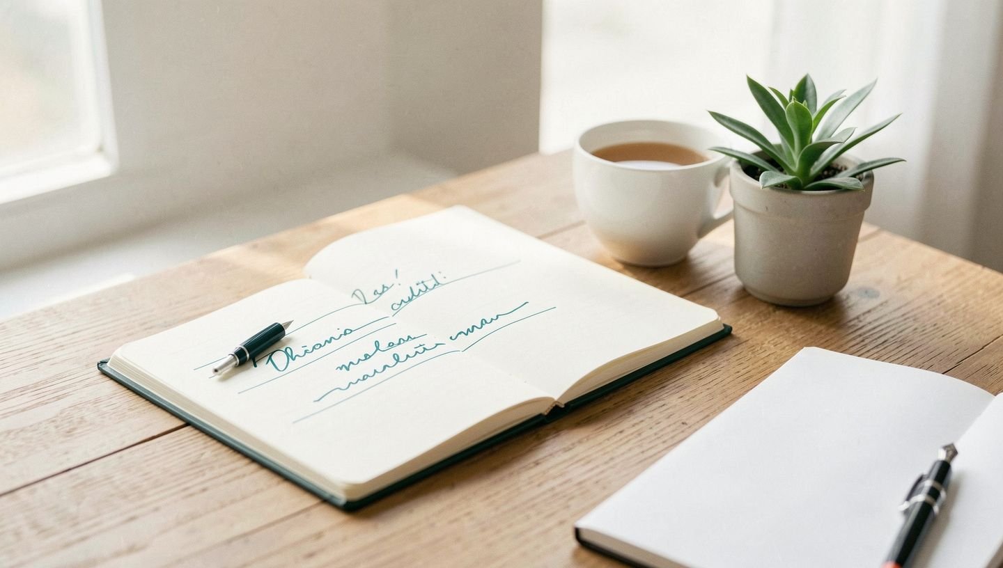A tidy writing desk in morning light with a neat notebook, a fountain pen and a small plant