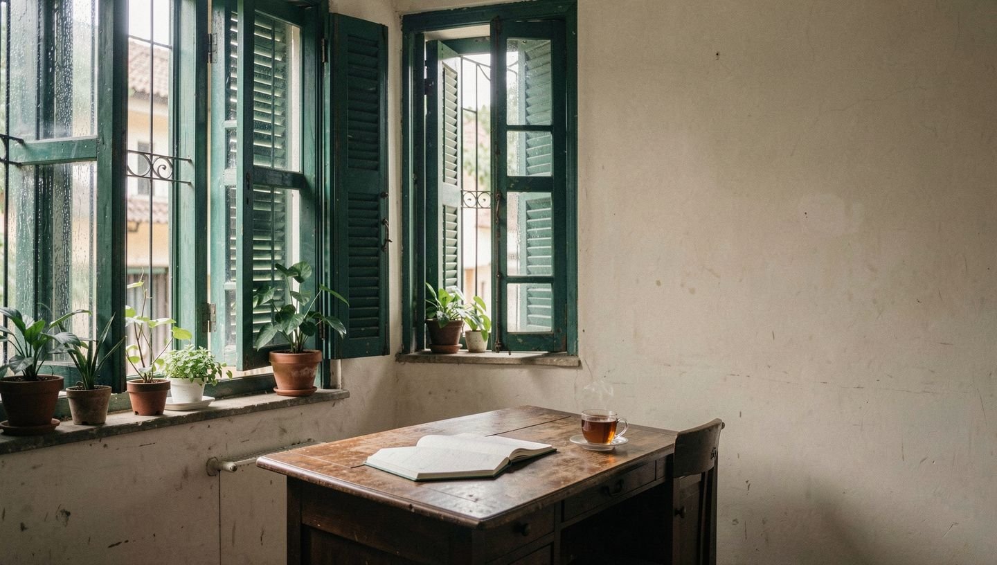 A writing desk by a green-shuttered window in an old Kolkata home on a rainy afternoon