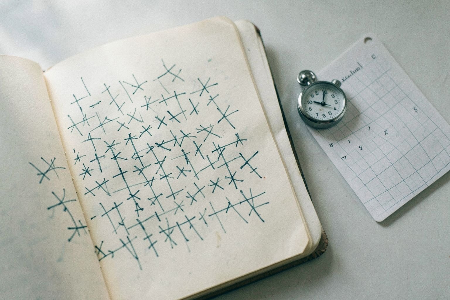 A notebook with a hand-drawn comparison grid, a stopwatch and a calendar card