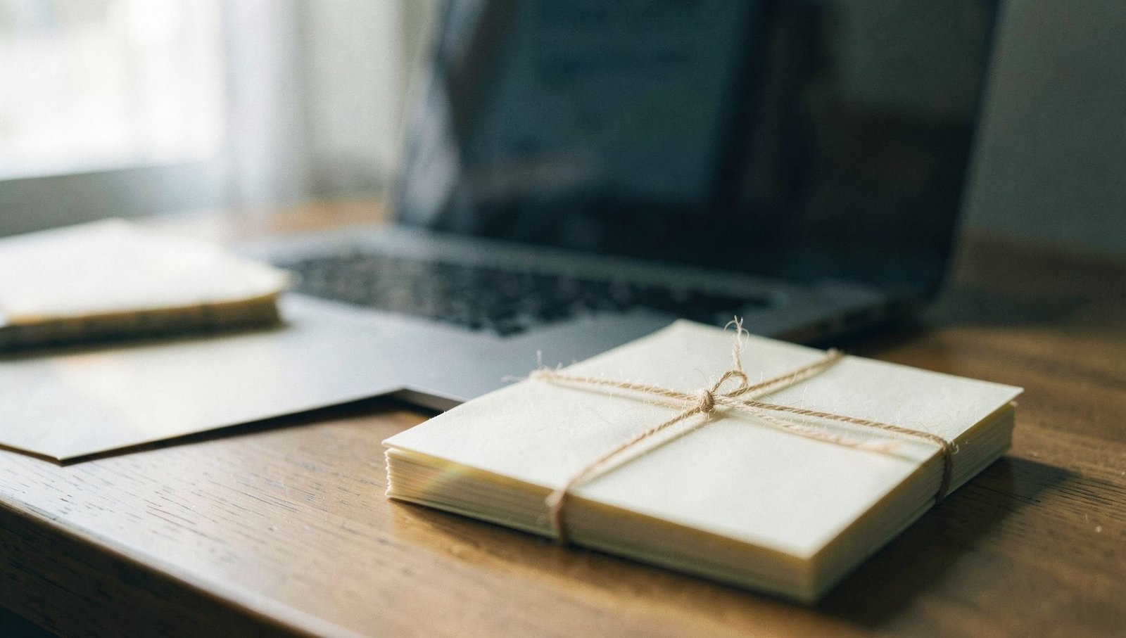 A stack of blank envelopes tied with string next to a laptop