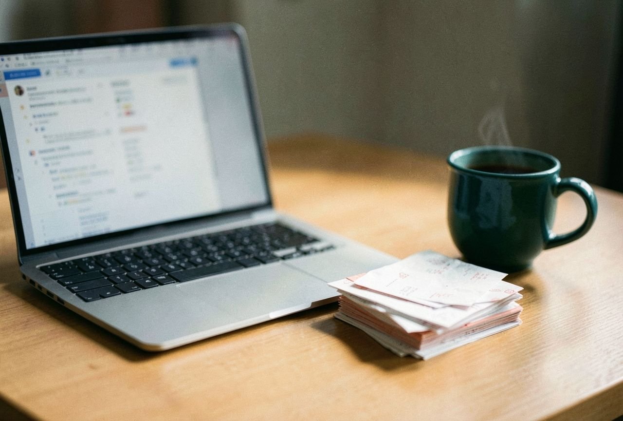 A laptop with an email layout on screen beside a mug and envelopes