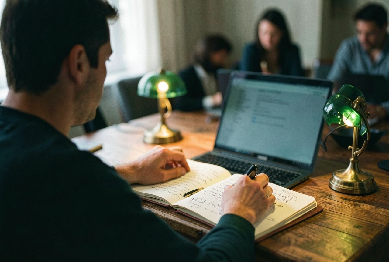 A writer working at a home desk with two notebooks and a laptop