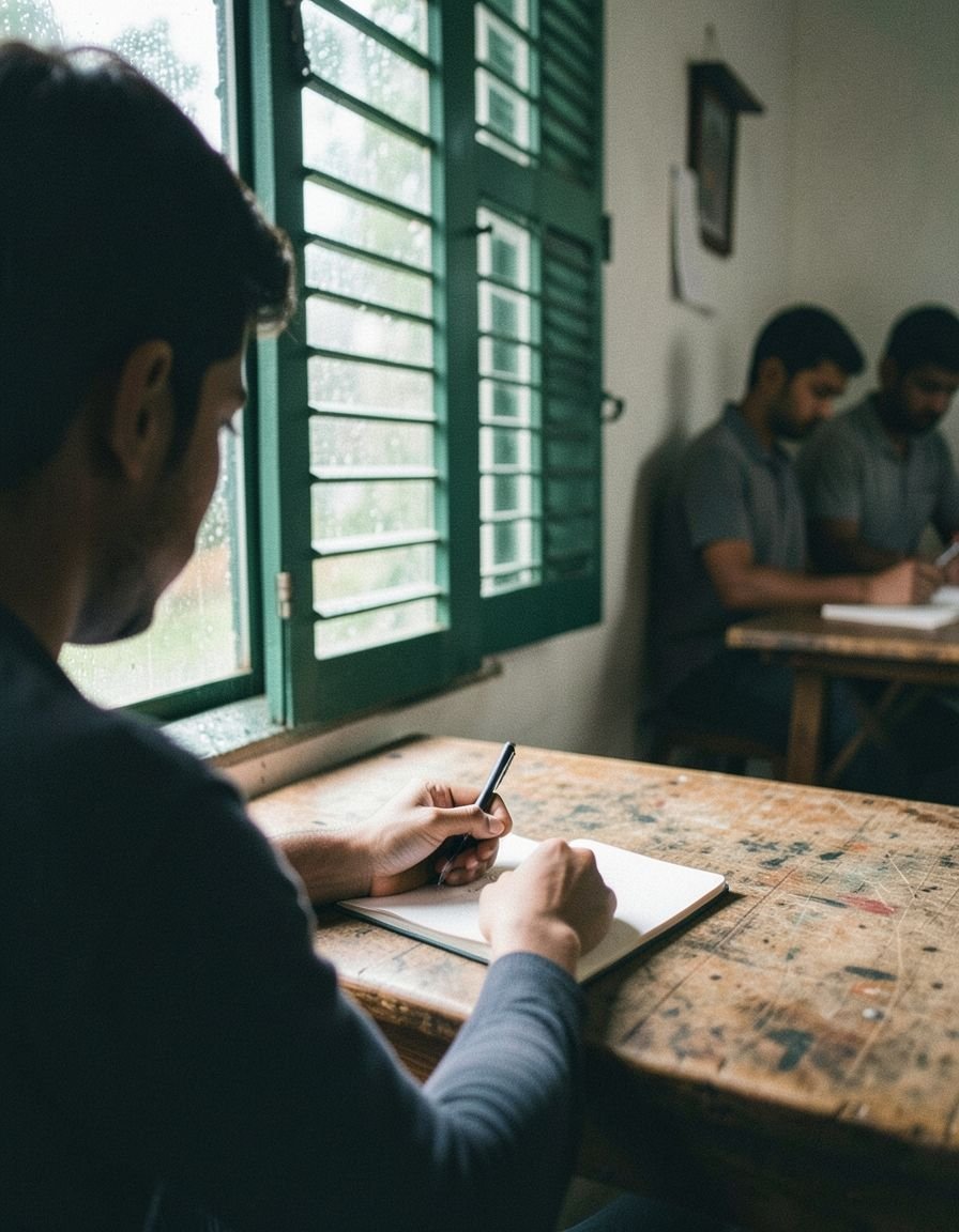 A writer seen from behind, writing in a notebook by a shuttered window