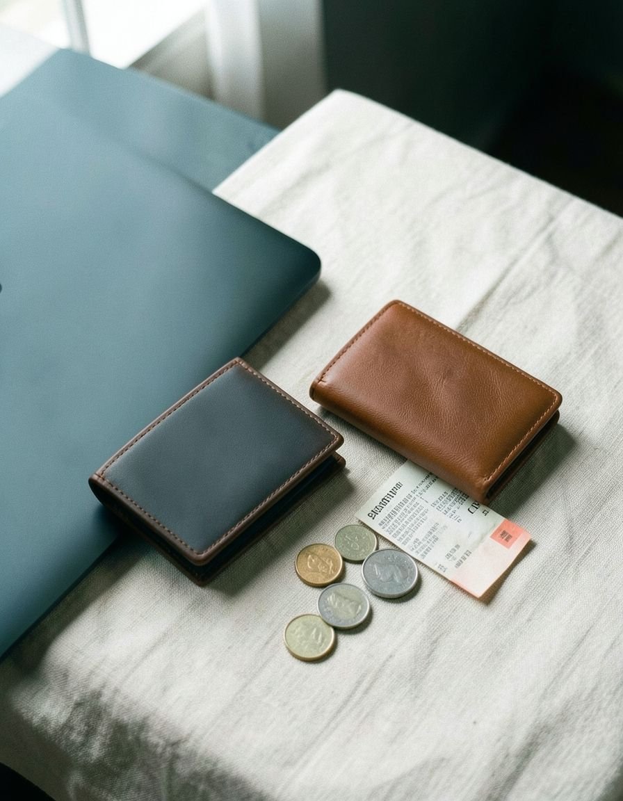 A wallet, coins and a receipt next to a closed laptop