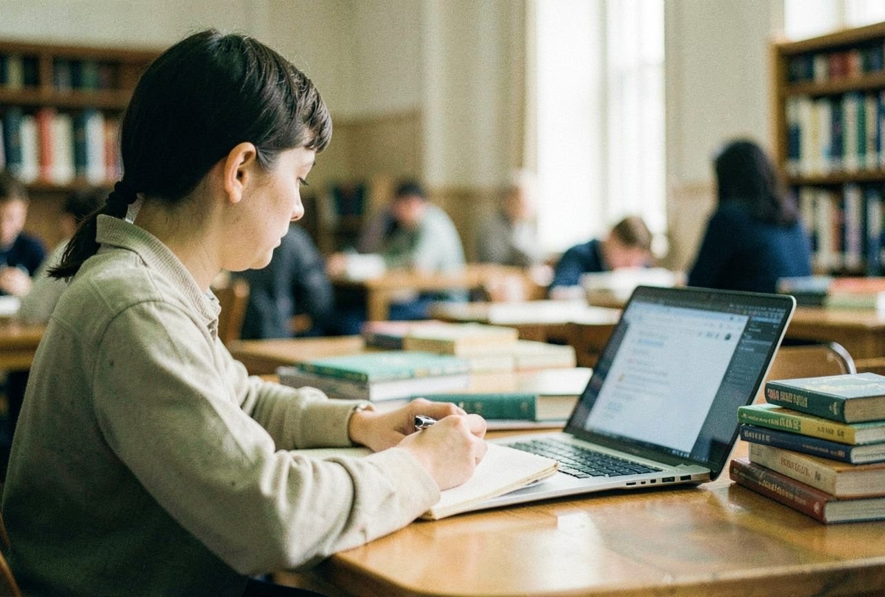 A student taking notes at a library table