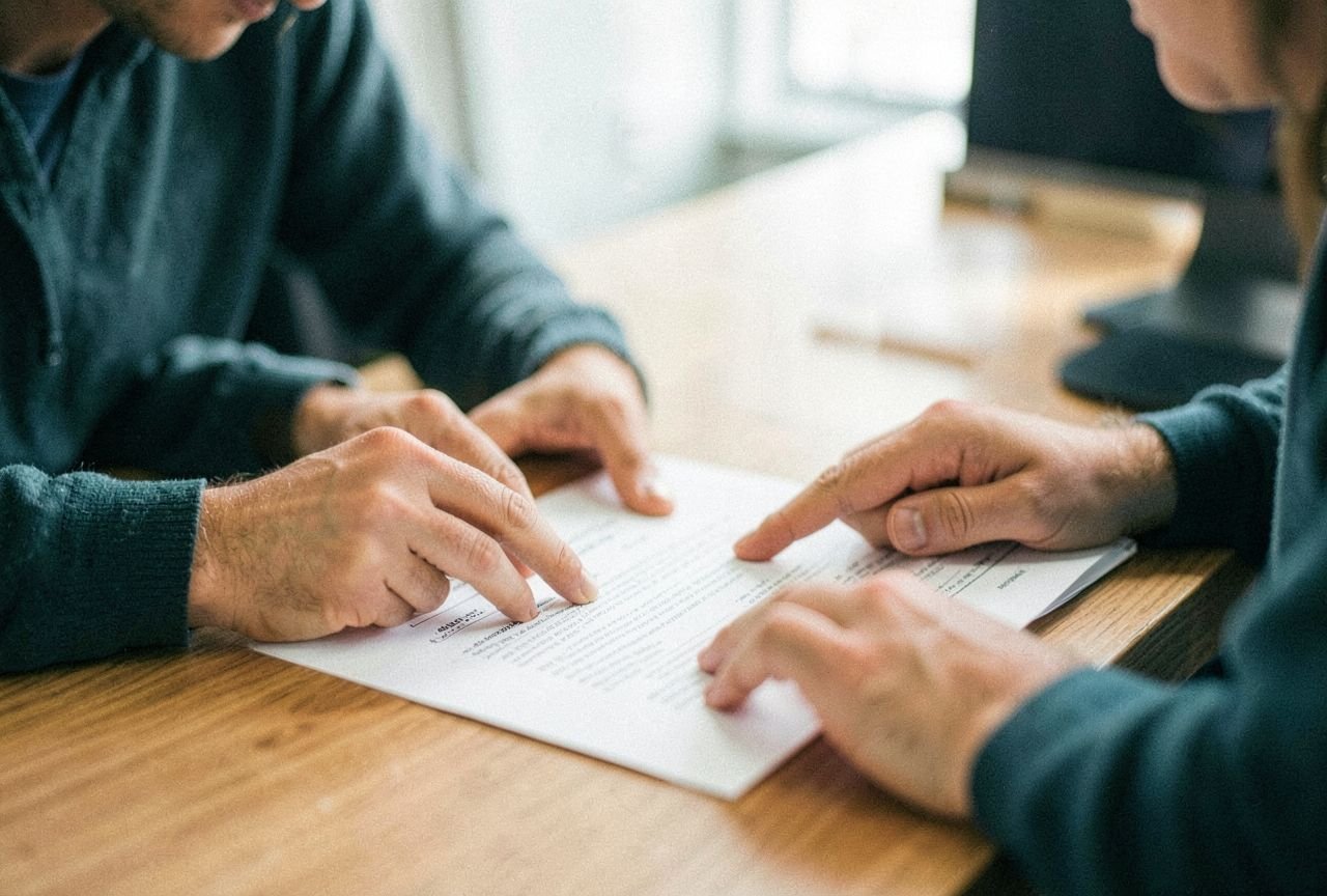 Two colleagues reviewing a printed document at a table